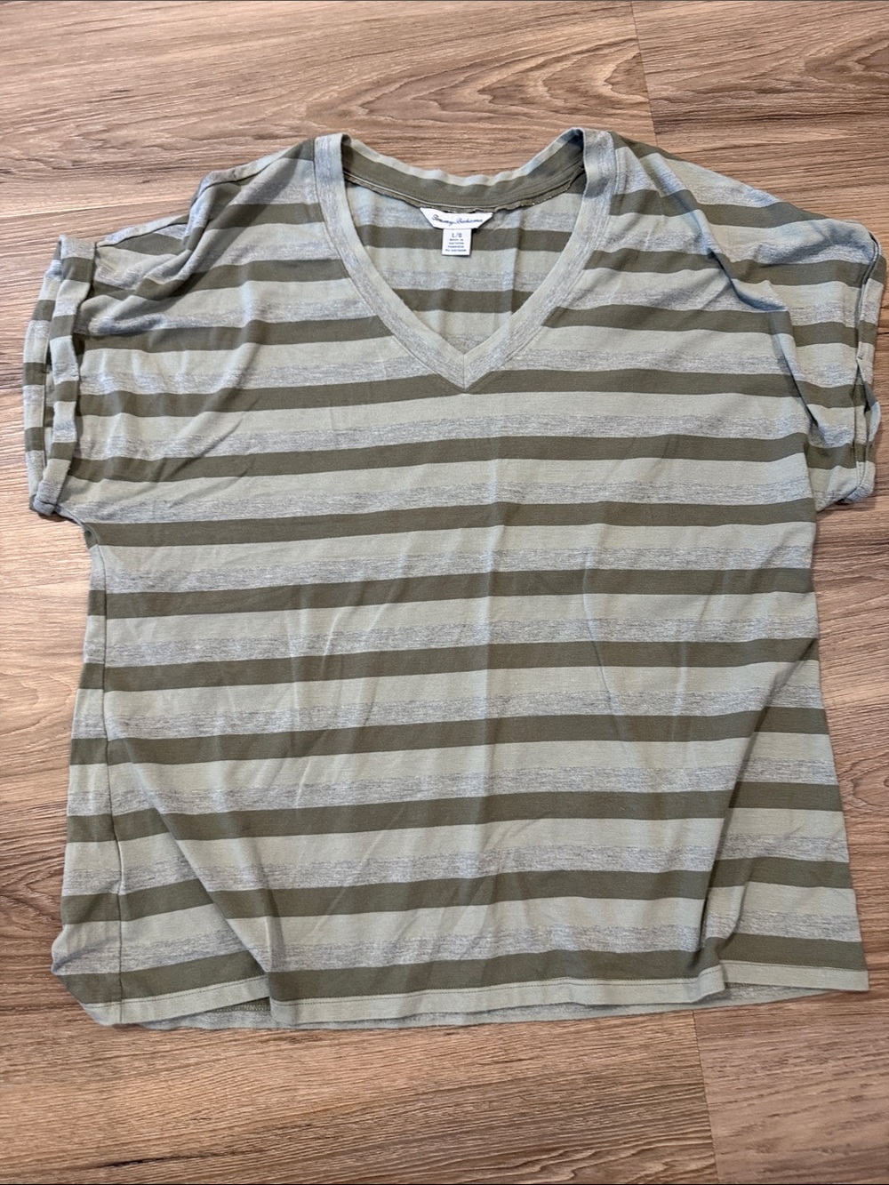 Tommy Bahama Olive and Light Olive Striped V‑Neck Tee